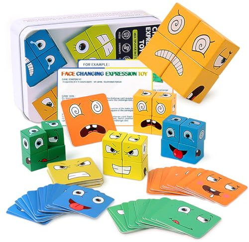 Hölzernes Gesicht veränderndes Zauberwürfelspiel, Ausdruckspuzzle, Bausteine, Muster-Matching-Spiel, Lernpuzzles, Spielzeugbrettspiele für Kinder und Erwachsene