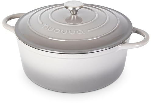 Cocotte en Fonte Émaillée – Casserole Faitout avec Couvercle, Antiadhésif, Marmite pour Induction et Four, 6.9 Liter – Gris – par Nuovva