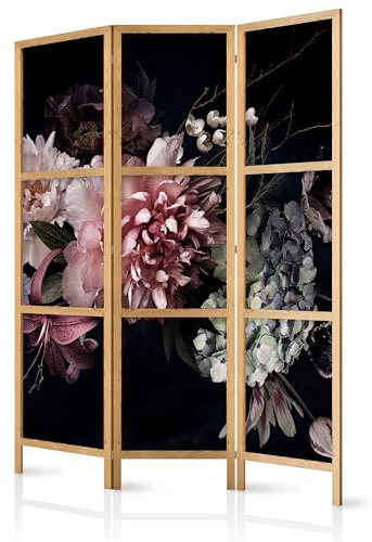 murando - Paravent Raumteiler Holz Blumen, 135x172 cm, 3-teilig, Wohnzimmer | Mobiler Sichtschutz, sofort einsatzbereit, Holzrahmen, ideal fürs Wohnzimmer oder Büro, geruchsneutral, lichtbeständig