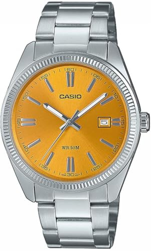 Casio Analoges Quarzuhrwerk der MTP-Serie (38,5 mm), safrangelbes Zifferblatt mit Sonnenschliff, Edelstahlarmband MTP-1302PD-9AVEF