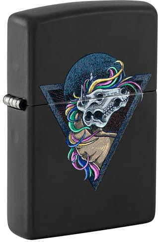 Zippo Sturmfeuerzeug - Horse Skull - Black Matte Finish, Black Light Effekt - Nachfüllbar - Wiederverwendbar - Windfestes Design - Geschenkbox - Made in USA