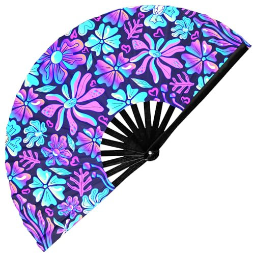 GloFX Rave Fan - UV Flowers - Large Folding Fan - Music Festival Essential, EDM Rave Accessories, Folding Hand Fan, Clack Fan