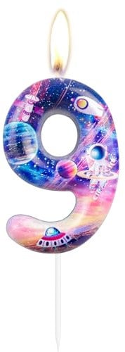 Happy Birthday Candles in Space, Glitter Cake Topper Party Supplies Rocket Space Birthday Cake Decorations for Baby Shower and Children's Birthday Party Supplies(Number 9)