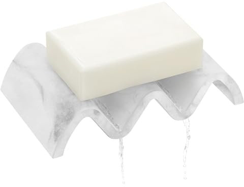 PENGARO Marmor Seifenschale mit Ablauf, Wellenform Seifenschale Dusche Seifenhalter Schnell Trockend Seifenbox Schmuckschale Ring Tablett Seifen Ablage für Badezimmer Schwammhalter Küche, Marmorweiß