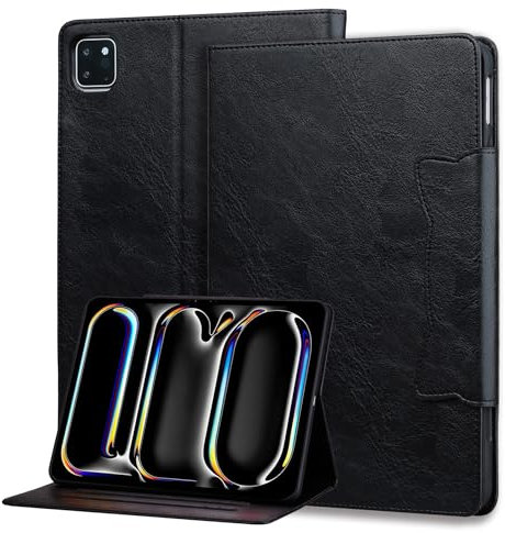 Rosbtib Coque pour iPad Pro 11 Pouce M4 (2024), Housse en Cuir PU avec [Fonction Stand] [Fente pour Carte] Clip Magnétique avec Graphique d'oreille de Chat, Noir