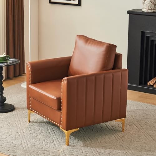 Soweiz Sedia moderna in pelle PU, poltrona Chesterfield, poltrona lounge, poltrona per orecchie, poltrona da lettura, poltrona singola con cuscino, elegante borchie con gambe in metallo oro rosa