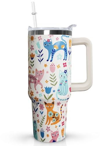 Ceovfoi Vaso de gato de 40 onzas con asa, taza de café de viaje, botella de agua, decoración de gato, regalos de gato para mujeres