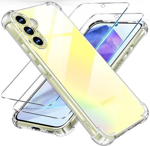 Tentoki 3 en 1 Verre Trempé et Coque pour Samsung Galaxy A55 5G, [Coussin d'air Intégré] Anti-Jaunissement Souple TPU Bumper Coque Protection pour a55 Samsung 5g, Transparente