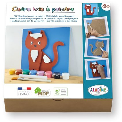 Aladine 3085489 Holzmalerei-Set, Katze, 3D-Holzbild zum Bemalen, DIY Wanddeko, Malset, Bastelset für Kinder ab 4 Jahren