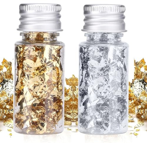 2 Bottles Decorative Gold Leaf - Edible Gold Leaf Flakes for Cakes, Multifunction Cake Decorations DIY Craft, Foil Flakes Metallic Gilding Paper for Home Restaurant Cupake Chocolate Decor