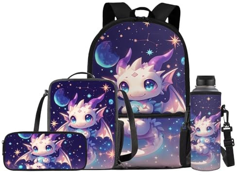 JEOCODY Drachen-Rucksack für Jungen und Mädchen, Schultasche mit Lunchtasche, Wasserflaschenhalter und Federmäppchen, 43,2 cm, Schulbüchertasche für Wandern, Picknick, lässiger Rucksack, Tagesrucksack