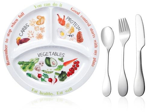 4 Pieces Bariatric Portion Control Plate Stainless Steel Silverware Flatware Set Tableware Cutlery Set Diet Plate for Balanced Eating Weight Loss Serving Decorations