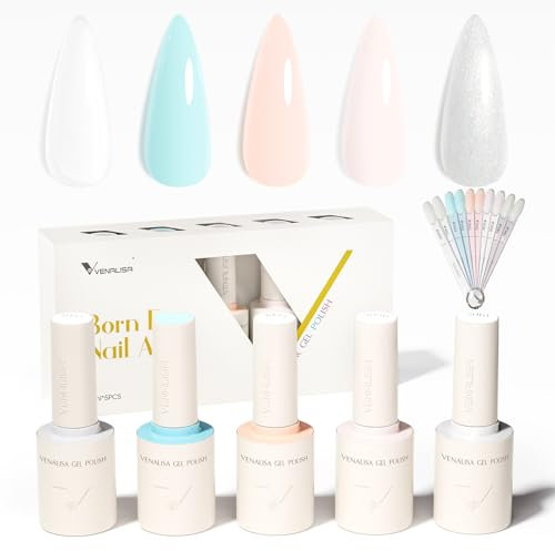 VENALISA Gel Nail Polish Set 5 Colours Milky White Sky-Blue Sliver with a DIY Nail Tips & Colored Labels Collection Soak Off UV Gel Classic Nail Art Manicure for Holidays 2502