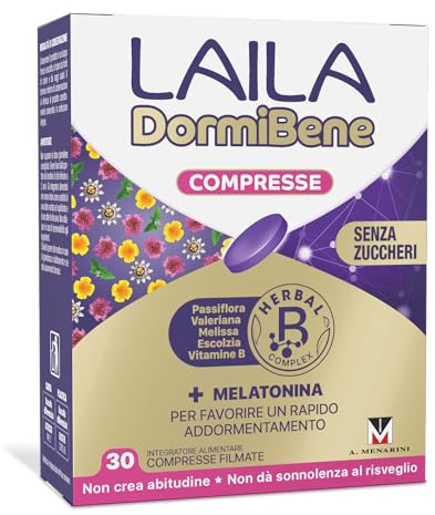 Laila DormiBene Compresse, Integratore per dormire con Melatonina + Erbali | Con Melatonina e Herbal B Complex (Valeriana, Melissa, Vitamine B), Favorisce un Rapido Addormentamento, Senza Glutine, 30cps