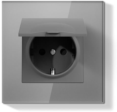 BSEEDLIFE Enchufe Pared,Enchufe Normas Europeas Schuko,86 * 86mm 1 Gang 16A,Marco de Cristal,Fácil Instalación,Gris(Con Cubierta Impermeable y Antipolvo)