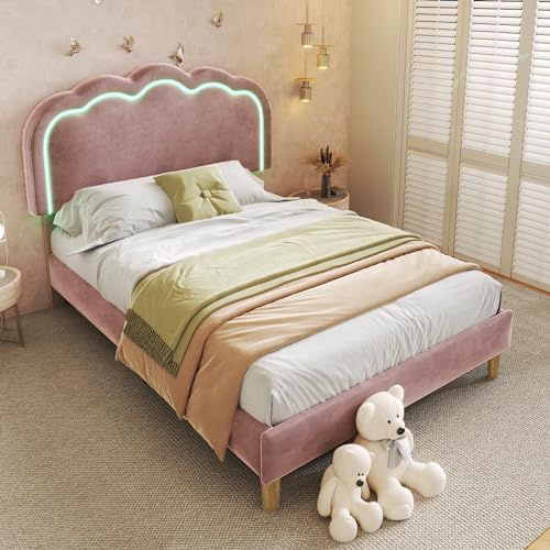 Merax 3FT Upholstered Bed Frame with LED Light Strip, Stylish Single Bed with Wooden Slats and Adjustable Height Puff Headboard, Suitable for Teens Bedroom and Guest Room, Velvet, Pink, 90x190cm