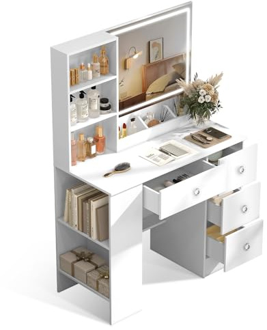 ANCOLOV Schminktisch mit Spiegel und Beleuchtung 90 cm Breit, Frisiertisch mit Led licht, 4 Schubladen, Seitenschrank & 6 Ablagefächer, Weißer Makeup Tisch, Groß Makeup Table Mädchen Vanity
