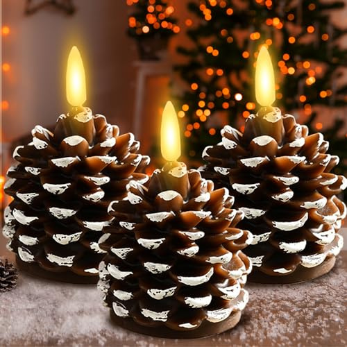 LUKIUP 3 Stück Led Flammenlose Tannenzapfen Kerzen Weihnachtsdeko, 3D Tannenzapfen Imitat Flammenlose Kerzen Batteriebetrieben FüR Party Weihnachtsdeko Innen, Tisch Deko