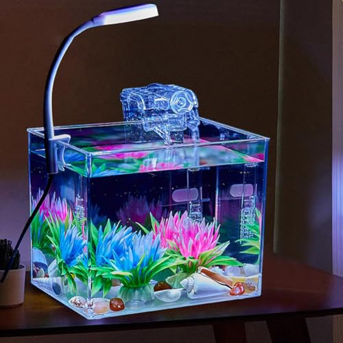 Hodeffior Aquarium-Starter-Kits, transparentes PS-Fischbecken mit 3 W Licht, rechteckiges Aquarium, für Betta-Fische, Goldfische und Garnelen, als Dekoration für Wohnzimmer, Büro, 1 l