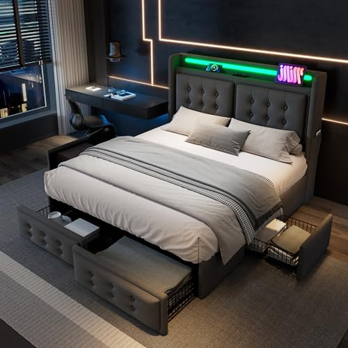 LINKHOO Polsterbett, Doppelbett mit Led-Kopfteil und USB C Ladefunktion und 4 Schubladen, Stauraumbetten mit Lattenrost aus Holz und Metallrahmen, Baumwolle(Ohne Matratze), 140x200, Grau