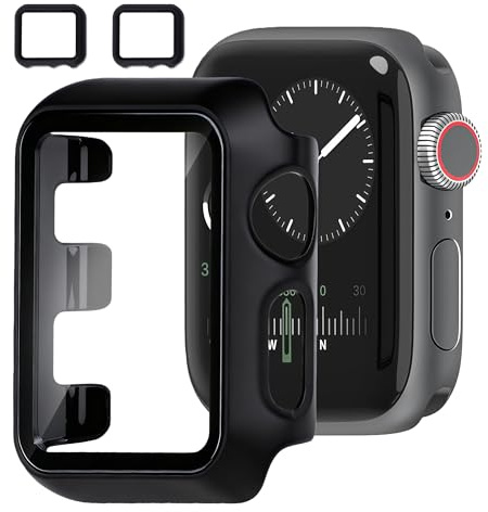 Xahpower 2 Pièces PC Coque Compatible avec Apple Watch Series 3/Series 2 42 mm, Étui de Protection Complète, Protecteur D'écran Verre Trempé pour Montre, Protection Écran - Noir