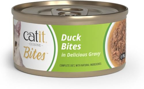Catit Cuisine Bites, Duck Bites in Gravy, Grain Free Wet Cat Food for Adult Cats, High Meat Tinned Cat Food in Gravy 1 x 75g (Pack of 6)