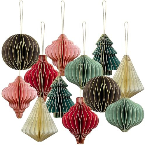 Britesta Weihnachtsdeko elegant: 12er-Set Weihnachts-Deko zum Aufhängen, 3D-Ornamente aus Papier (Weihnachtsdeko platzsparend, Weihnachts-Deko für den Tannenbaum, Gold)