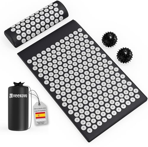Set de Acupresión - Esterilla,Eco - Con Cojín,Bolas de Masaje y Bolsa - Almohada,Tapete de Masaje con Puntas para Alivio del Dolor,Relajación y masaje en la espalda,la cervical,los piernas (Negro)