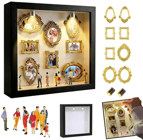 Pipihome Mini Museum Bilderrahmen Vintage, DIY Mini Bilderrahmen zum Befüllen mit Golden Rahmen & Miniatur Menschen, Fotospeicher Bilderrahmens mit LED Licht für Deko Wohnzimmer Schlafzimmer