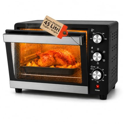 WINTEM Forno Elettrico da Banco 45 Litri Multifunzione Ventilato — Fornetto Elettrico con Timer, Doppio Vetro, Grill e Teglia in Acciaio Inox, 1800W
