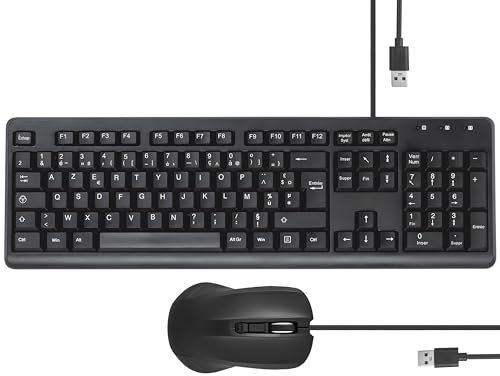 apm Ensemble Clavier et Souris Filaires AZERTY Français, 105 Touches et Pavé Numérique, Ergonomique, Câble USB de de 1,8 m, Pack Bureautique pour PC, Portable, Ordinateur Windows, Mac, Noir, 100040