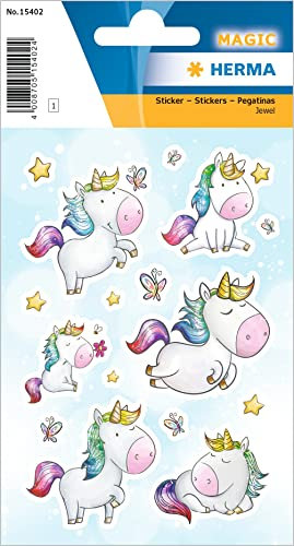 HERMA 15402 Aufkleber Einhorn Glitzer klein groß, 16 Stück, Tiere Sticker mit lustigen Einhörner Sterne Motiv, Kinder Etiketten für Fotoalbum Tagebuch Poesiealbum Scrapbooking Deko Briefe DIY Basteln
