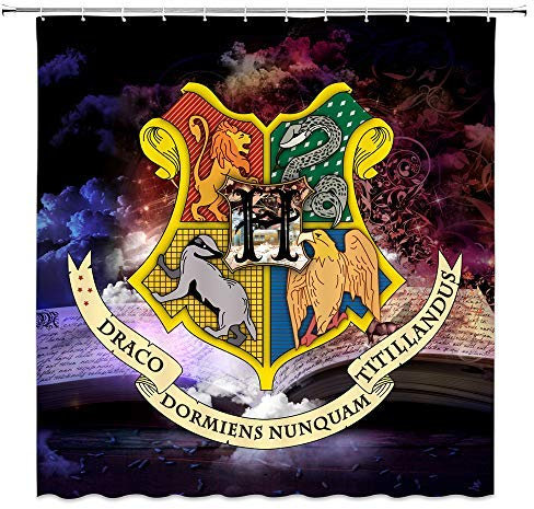 AMFD Shower Curtain Harry Potter Wizarding School Logo Fantasy Magic Book, Bathroom Decor Polyester Fabric Waterproof Mildew Resistant Antibacterial 70 x 70 Inches Include Hooks Dark
