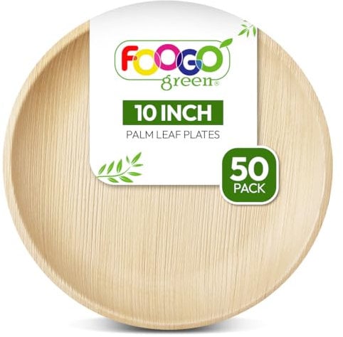 FOOGO Green 50pcs Disposable Palm Leaf Plates, 10(25cm) Large Round, Eco Friendly Biodegradable Compostable Like Wooden, Bamboo, Paper Plates, for Hot Food, Wedding Picnic Parties