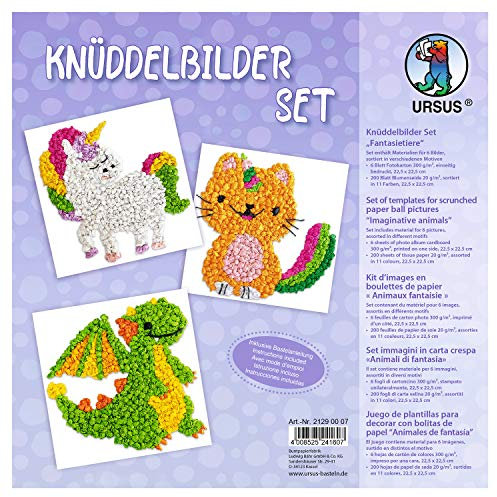 Ursus 21290007 - Knüddelbilder Set Fantasietiere, 6 Blatt Fotokarton 300 g/m², ca. 22,5 x 22,5 cm einseitig bedruckt, 200 Blatt Blumenseiden in 11 verschiedenen Farben, inklusive Bastelanleitung