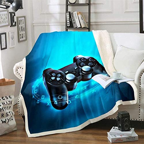 Loussiesd Kinder Jungen Wohndecke Gamepad drucken Kuscheldecke Blau Spielthema Flanell Fleecedecke Videospiel Action Buttons 130x150cm für Teens Weiche Mikrofaser Decke Raumdekoration