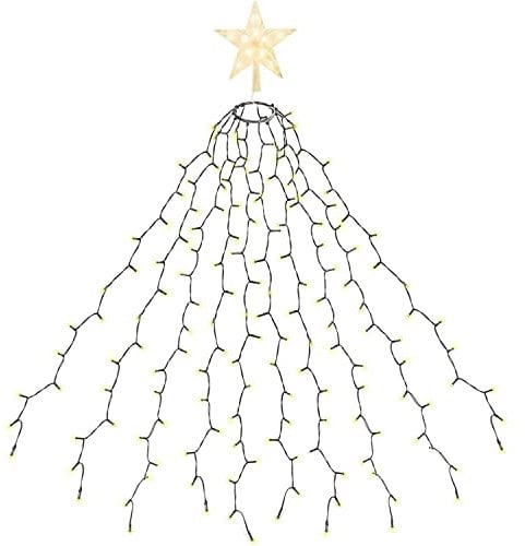 SALCAR 3m Christbaumbeleuchtung mit Ring, 10 Girlanden und Sternspitze, 360er LED Lichterkette Tannenbaum Christmas Tree Lights mit 8 Modi, Warmweiß
