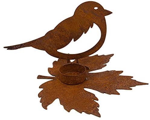 Metall Vogel auf Blatt inkl. Teelichthalter Edelrost Platte Rostfigur H=8 cm Made in Europa