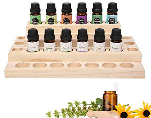 MKNZOME Ätherisches Öl Display Ständer, 30 Löcher Aromatherapie Öle Hölzern Tragen Gestell Halter Organisator Multifunktions Geschenk für Nagellack, Duftöle, Ätherische Öle, Stain und Lippenstift