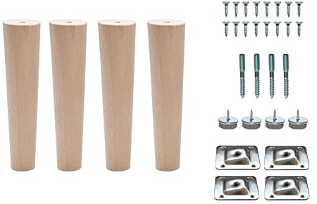 Wooden Tapered Cone Furniture Replacement Legs Raw State M8 Thread Angled Mounting Plates Protective Felt Pads Set of 4 Legs for Sofa Cabinet Footstool Chair Bed Ottoman (6.7'' = 17 CM, Raw State)