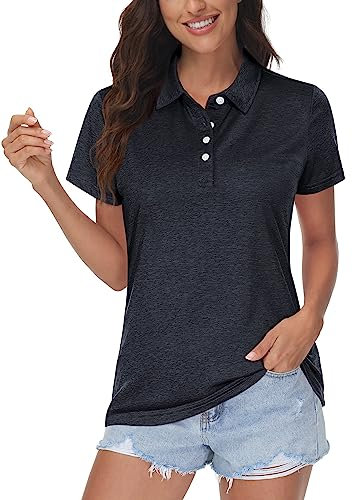 MAGCOMSEN Damen Sport Poloshirt Golf Sommershirt Kurzarm Polohemd Damen Atmungsaktiv Tennis Shirts Quick Dry Polo Funktionsshirts Leicht Laufen Yoga T-Shirts Schwarz L