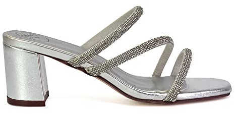 ESSEX GLAM Womens Slip On Low Heel Sandals Ladies Diamante Square Toe Sparkly Shoes Size
