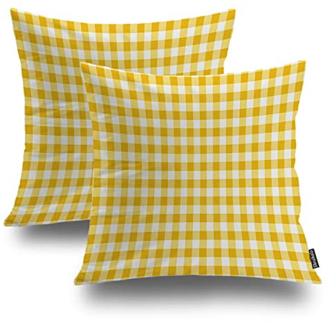 Shrahala Gelb Weiß Kariert Dekorativer Wurfkissenbezug Gelb Gingham Tischdecke Quadratisch Kissenbezug Mischung Doppelseitig Keine Einsätze für Schlafzimmer Wohnzimmer 2er Set (40,6 x 40,6 cm)