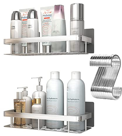 AOSEE 2 Stück Duschablage ohne Bohrungen, Duschkörbe Ablagen Wandablage Mit 10pcs S Haken, Duschkorb Badregal Badezimmer Regal Selbstklebend,Space Aluminium,Rostfrei (Silber 01)