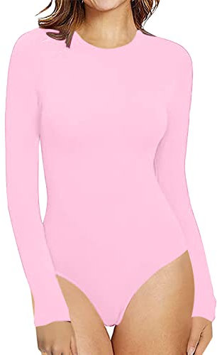 Body da donna elegante, elegante, a maniche lunghe, body sexy da donna, sottile, a maniche lunghe, con scollo a U, a maniche lunghe, Colore: rosa., M