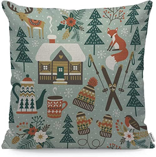Kissenbezug mit Tieren, niedlich, für den Winter, Wald, Hirsch, Fuchs, Vogelhaus, Blumen, Ski-Kissenbezüge für Männer und Frauen, Kissen A 45 cm x 45 cm