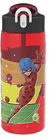 Zak Designs Miraculous Ladybug Wasserflasche für Schule oder Reisen, 758 ml, langlebige Kunststoff-Wasserflasche mit Strohhalm, Griff und auslaufsicher, aufklappbarer Auslaufbezug