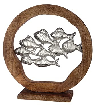 GILDE Dekoobjekt Standdeko Fisch Fischschwarm - Maritime Dekoration aus Holz und Aluminium - Ø 45 cm Höhe 13 cm