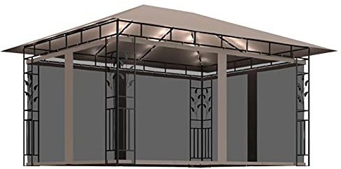 Camerina Pavillon mit Moskitonetz & LED-Lichterkette Zelt FüR Garten Sonnensegel Pavillon Partyzelt Garten Pavillon 4x3x2,73 m Taupe