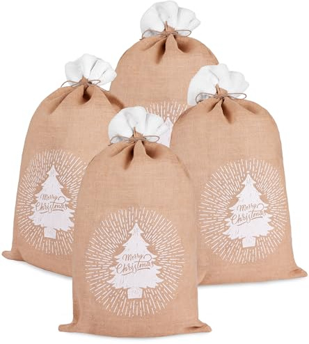 BRUBAKER 4 Weihnachtssäcke Tannenbaum Merry Christmas - 80 cm Geschenksack Weihnachten - Nikolaussack Sack mit Kordel zum Verpacken von Geschenken - Jutesack Weihnachtsbaum Braun Weiß